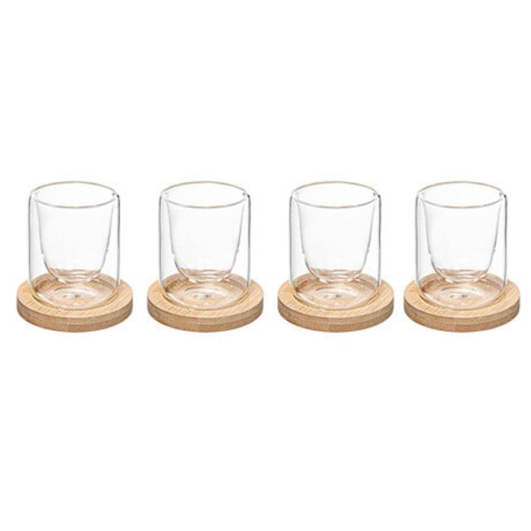 Set 4 paharele sticla perete dublu + 4 suporți bambus