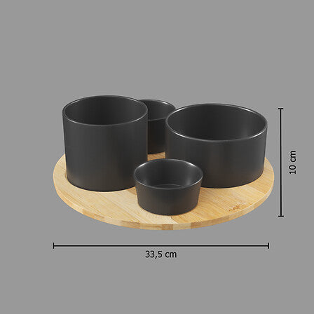 Set aperitiv x4 boluri ceramica + suport din bambus
