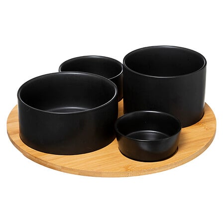 Set aperitiv x4 boluri ceramica + suport din bambus