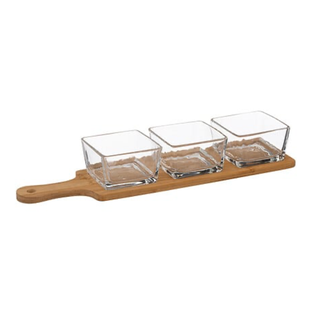 Set platou servire aperitiv bambus + 3 compartimente sticla
