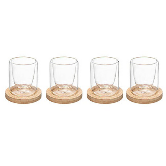 Set 4 paharele sticla perete dublu + 4 suporți bambus
