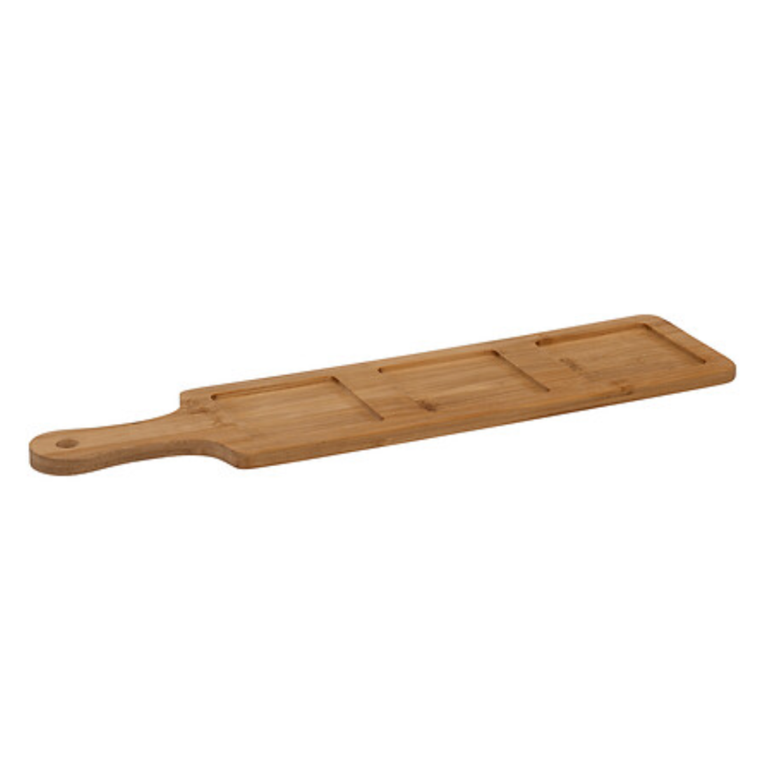 Set platou servire aperitiv bambus + 3 compartimente sticla