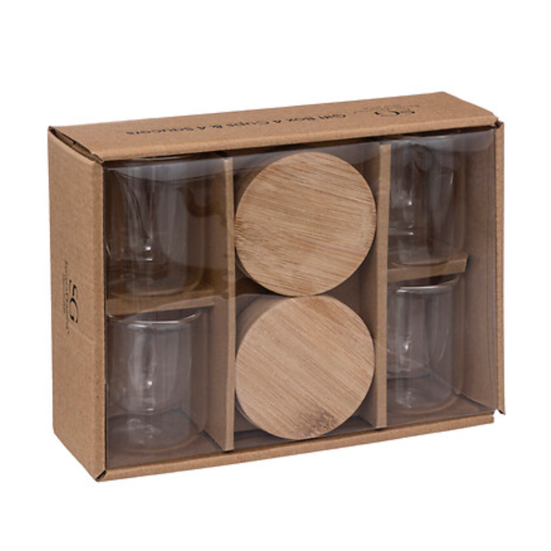 Set 4 paharele sticla perete dublu + 4 suporți bambus