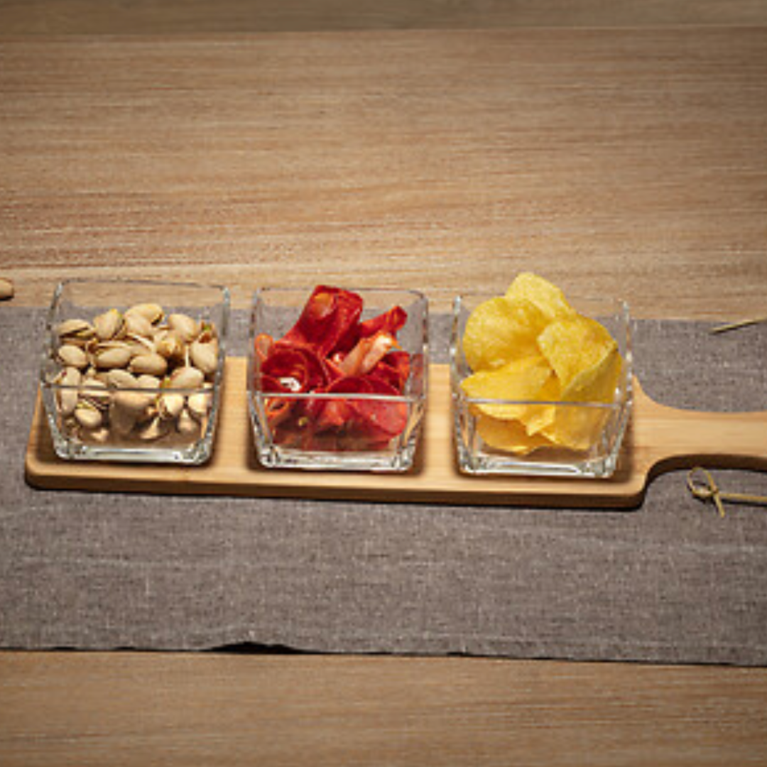 Set platou servire aperitiv bambus + 3 compartimente sticla