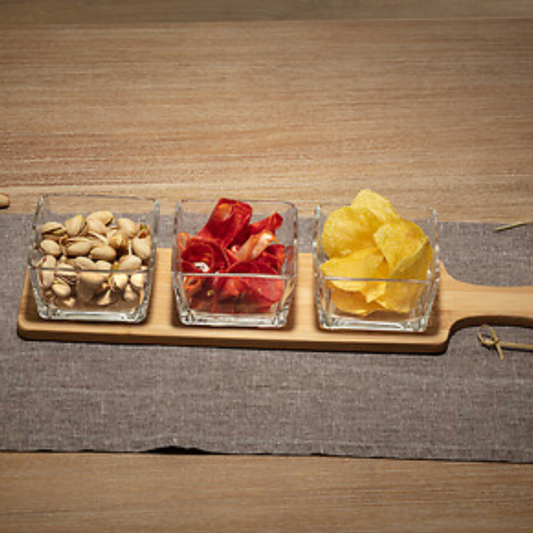 Set platou servire aperitiv bambus + 3 compartimente sticla